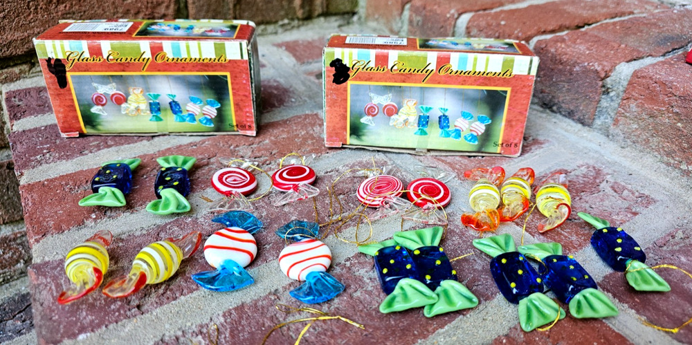 18 Glass Candy Ornaments Shaped like Wrapped Hard Candies NEW IN BOX